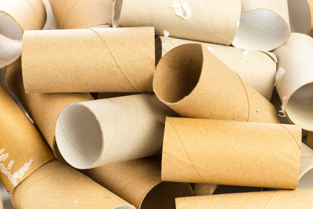 A close-up of a dozen or so empty toilet paper rolls.
