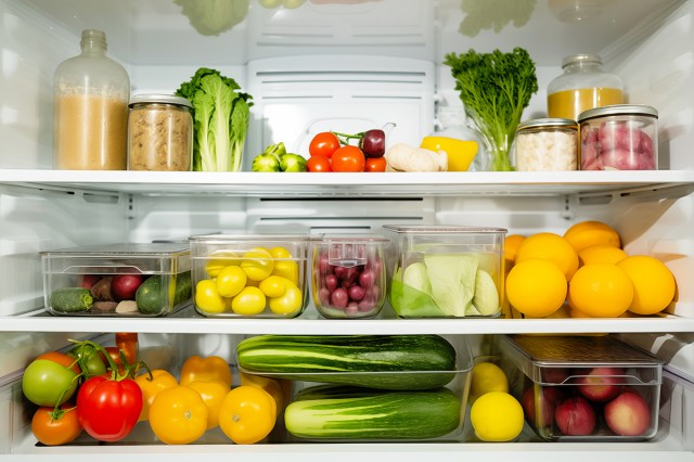 Interior of a refrigerator showing three shelves that are organized with clear plastic containers and glass jars.