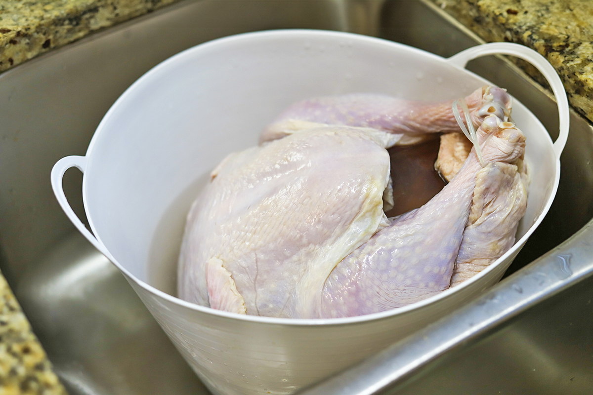 Frozen organic turkey thawing in a kitchen sink