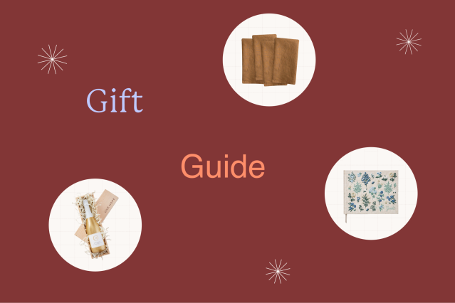 Image that says "Gift Guide" in House Outlook colors. There are three circles showing some of the gifts in the guide, including a bottle of wine, cloth napkins, and a guest book.