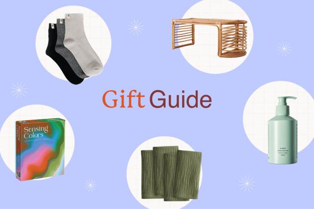 Hero image showing five items in the gift guide, including socks, a puzzle, dinner napkins, body wash, and a bed tray.