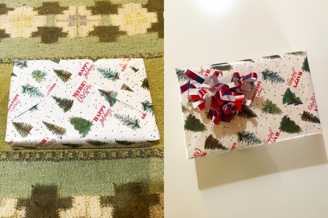 Split image showing a gift wrapped according to the diagonal wrapping method, and the same gift topped with a curly bow made out of wrapping paper scraps.